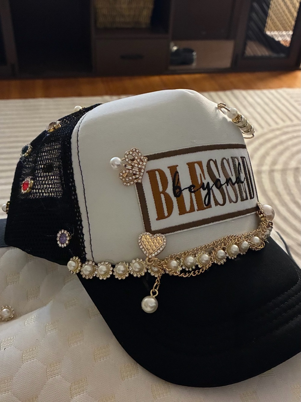 Embellished Black & White Trucker Hat